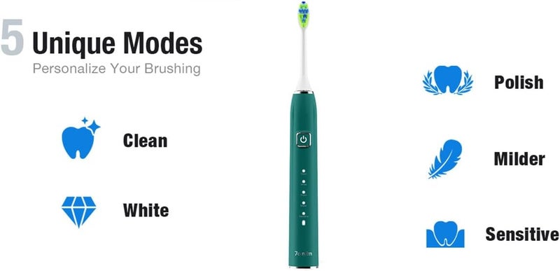 7AM2M Ultrasonic Electric Toothbrush with 6 Brush Heads for Adults&Kids, One Charge for 120 Days, Type-C Charge, 5 Modes, 40000VPM Powered Toothbrush, 2 Minutes Built in Smart Timer (Peacock Green) - Image 2